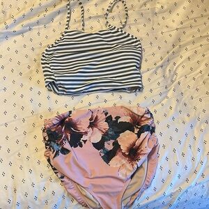 Albion Green & White Striped Bikini Top with Pink Floral High-Waist Bottom